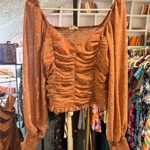 Promesa Orange Floral Ruched Blouse